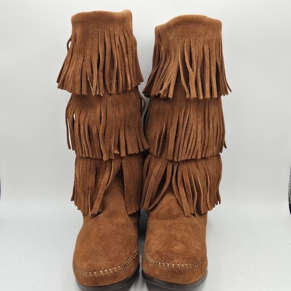 Minnetonka Calf Hi 3-layer leather Fringe western hippie moccasin Boot size 8 - Picture 3 of 16